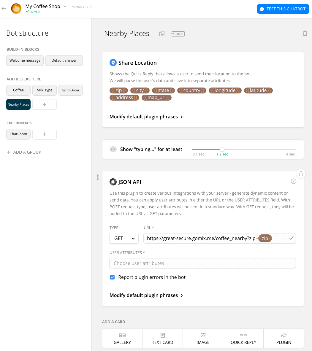 Chatfuel Block interface for making graphs of conversations