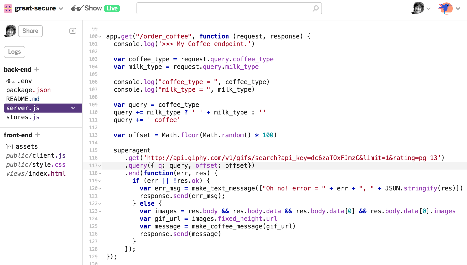 Order Coffee endpoint returns Giphy image by ‘coffee_type’ and ‘milk_type’